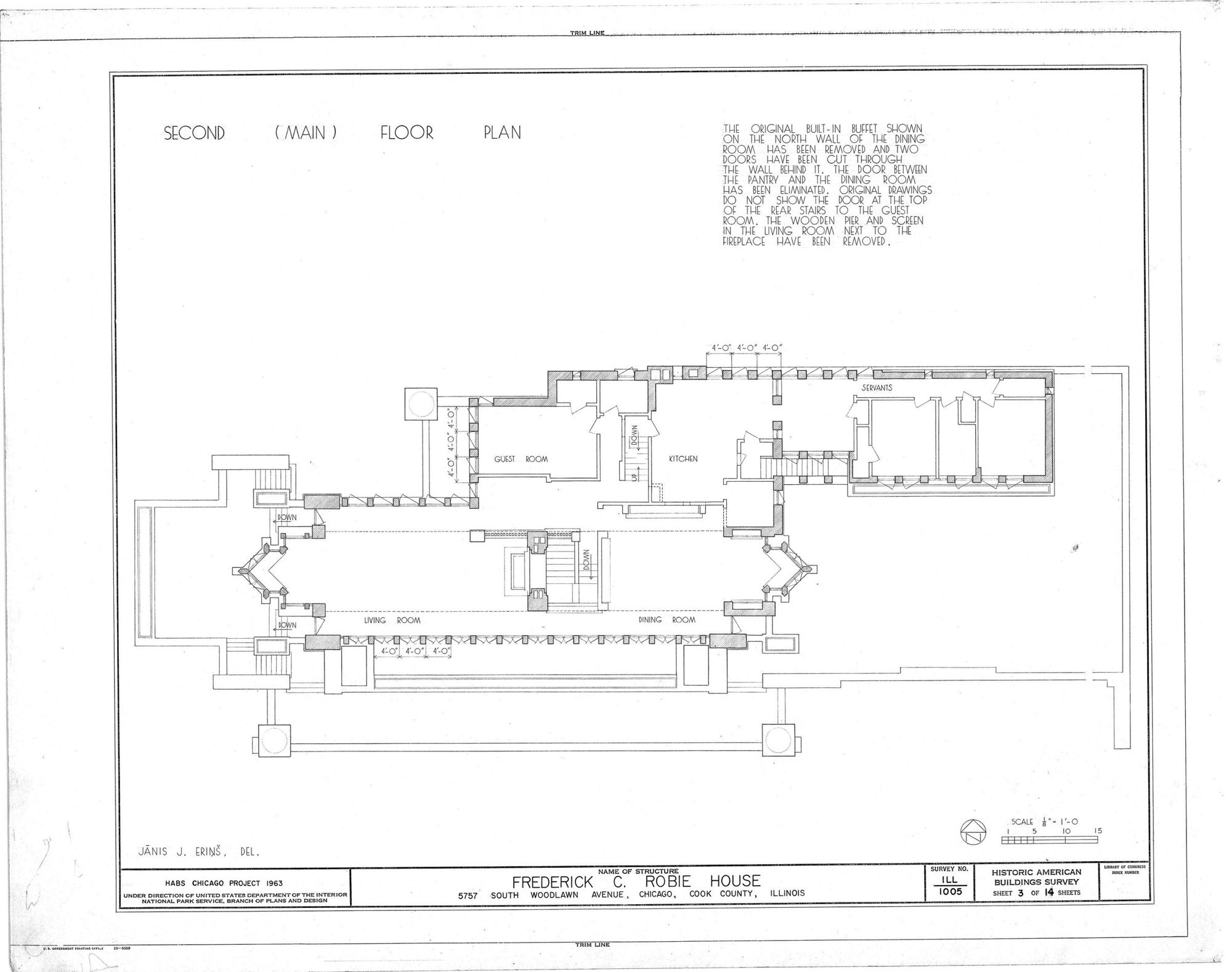 Plate 2. The same house in plan: the second (main) floor of the Robie House, from the same 1963 survey. A plan tells you
